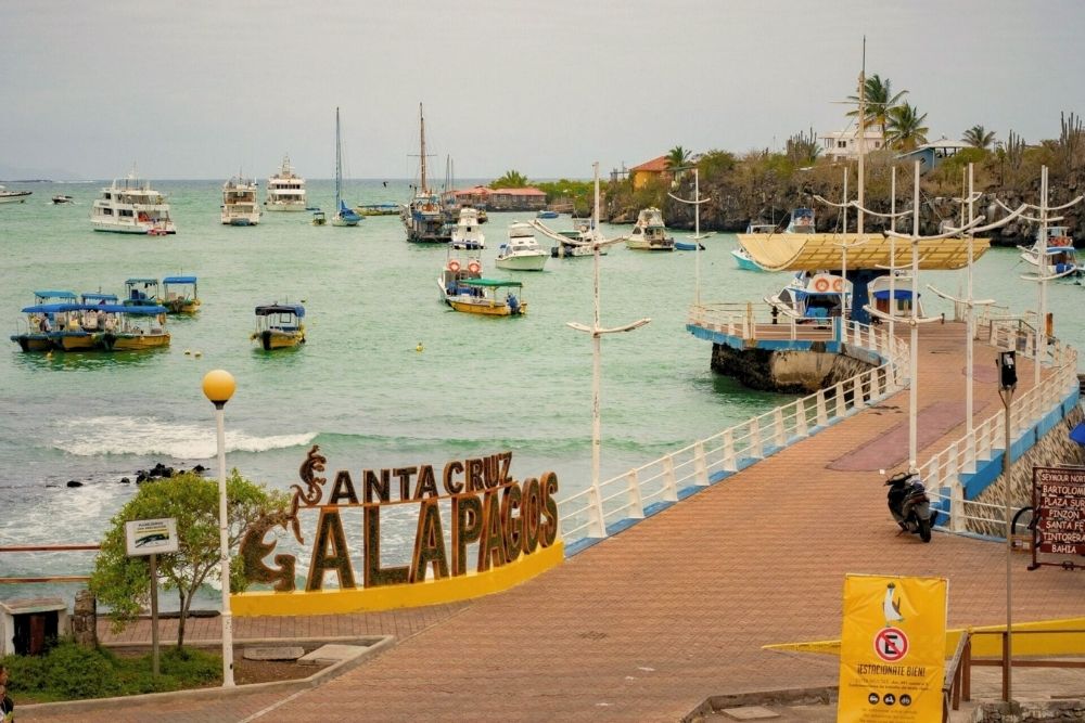 Scenic waterfront promenade and boat harbor during a relaxing free day Puerto Ayora exploration on Santa Cruz Island