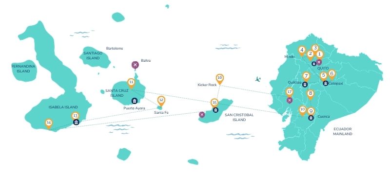 Route map of a 17-day Ecuador Andes and Galapagos tour across the mainland and the islands