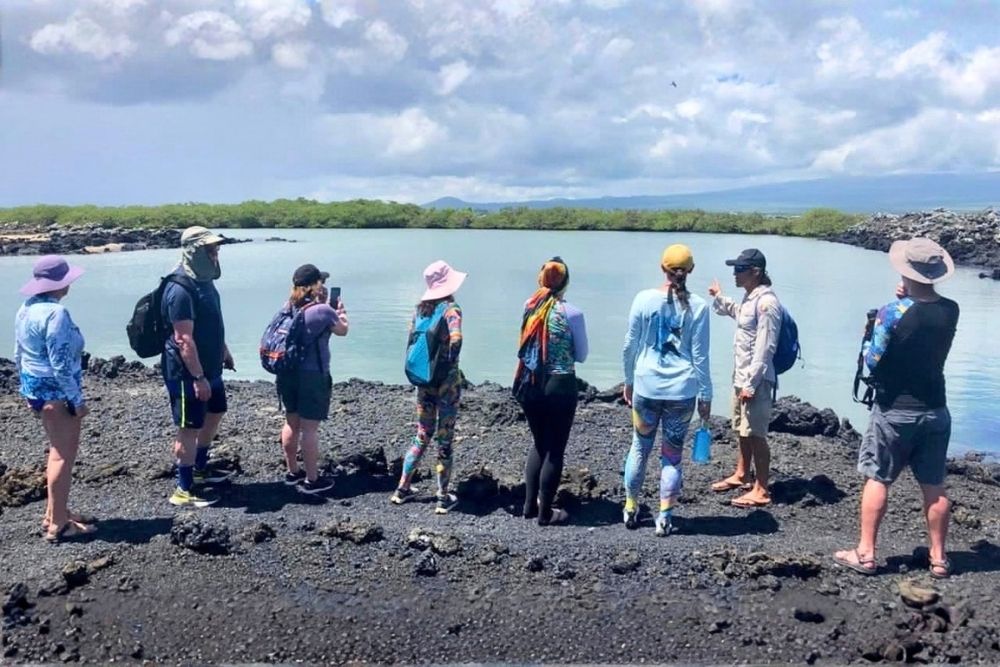 Tour group listening to a guide near a coastal lagoon surrounded by black lava rocks on an Isabela Wetlands tour