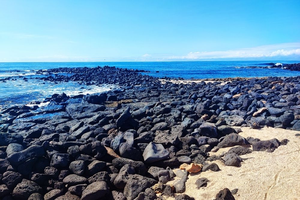 Dark lava rocks lining the sandy coast at Playa de Los Perros featured in a galapagos itinerary 7 days coastal tour
