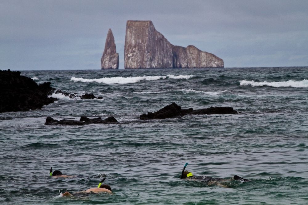 Snorkelers swimming in open ocean waters during a Kicker Rock Snorkeling excursion in San Cristóbal, Galapagos Islands