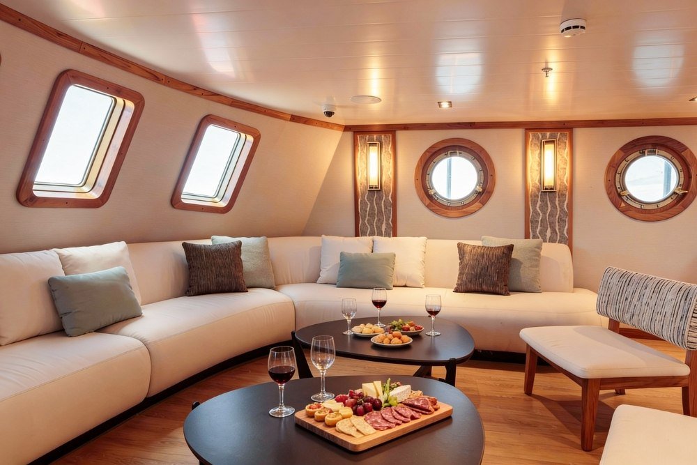 cozy lounge on an evolution galapagos cruise with cream sofas, wine, and a charcuterie board by portholes.