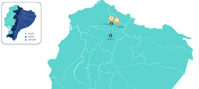 Map of the 2-day Otavalo tour from Quito showing the travel route to Otavalo and La Calera Kichwa community