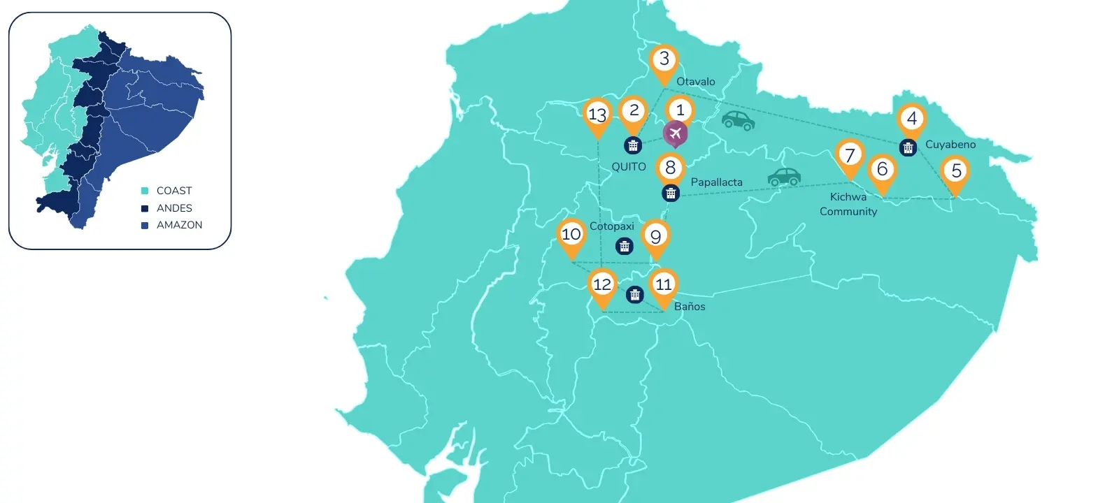 13 Day Honeymoon Travel in Ecuador Map