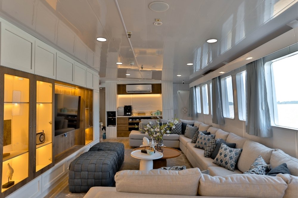 cozy sofas for the meetings aboard the galaxy diver 2 yacht