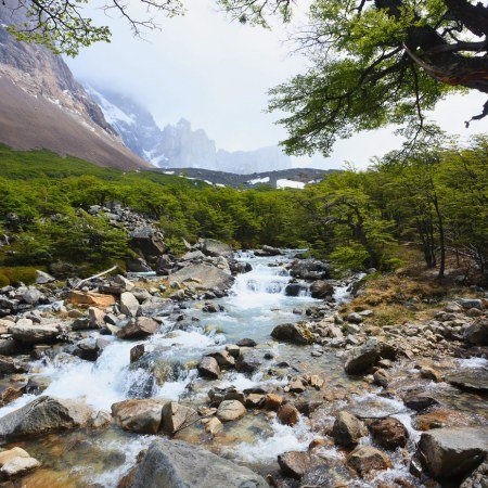 french-valley-torres-del-paine Rebecca Adventure Travel A rushing mountain stream flowing through rocky terrain in French Valley with granite peaks in Torres del Paine