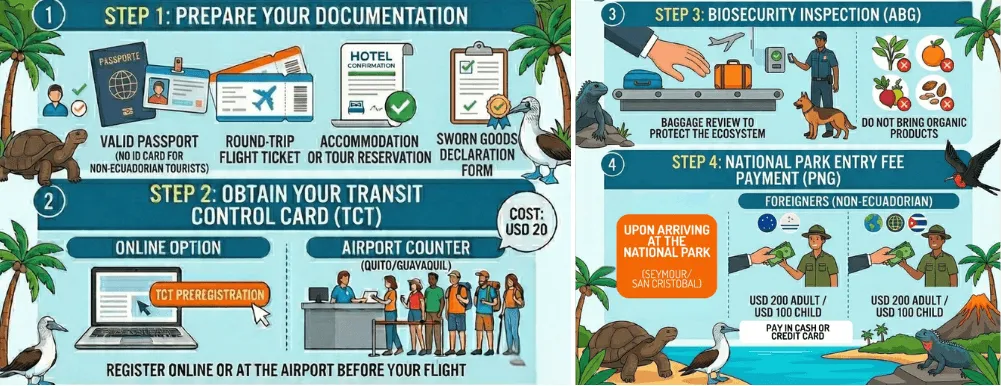 infographic on what to know before going to galapagos: documents, transit card, biosecurity, park fee