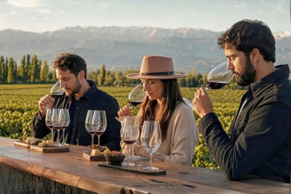 Travelers sampling wine during an exclusive Mendoza wine tour on an unforgettable luxury South America adventure