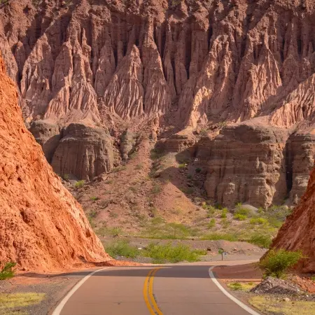 Cafayate-Drive Rebecca Adventure Travel A winding paved road curves through towering, jagged red rock formations and desert shrubs under a bright sky during an Argentina Family Drive Tour.