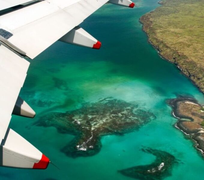 aerial view from galapagos flights over turquoise islands