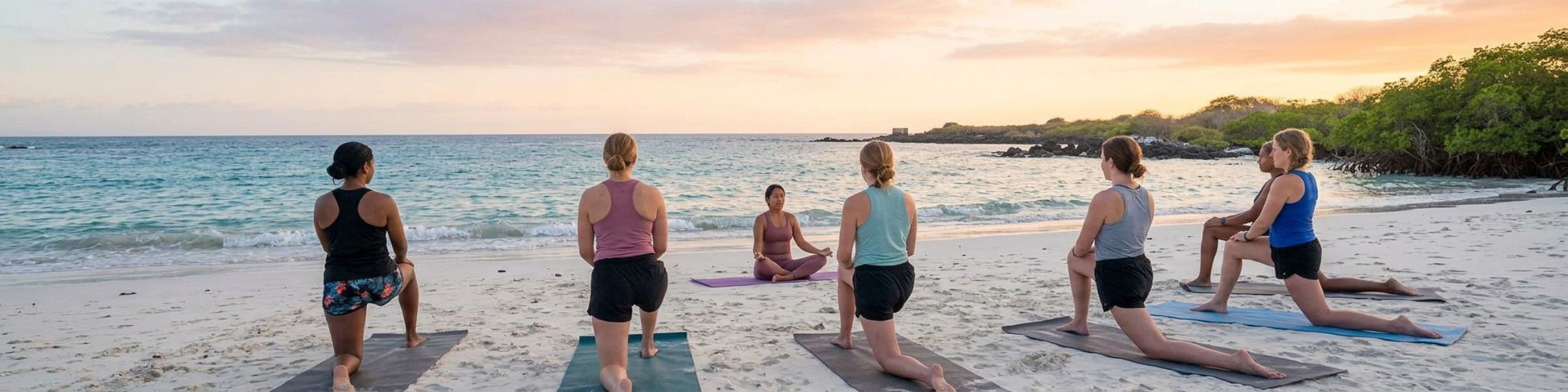 women enjoying a beach yoga session at sunset during a women only galapagos tour