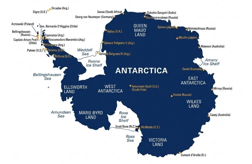 antarctica land map at the south end of the world