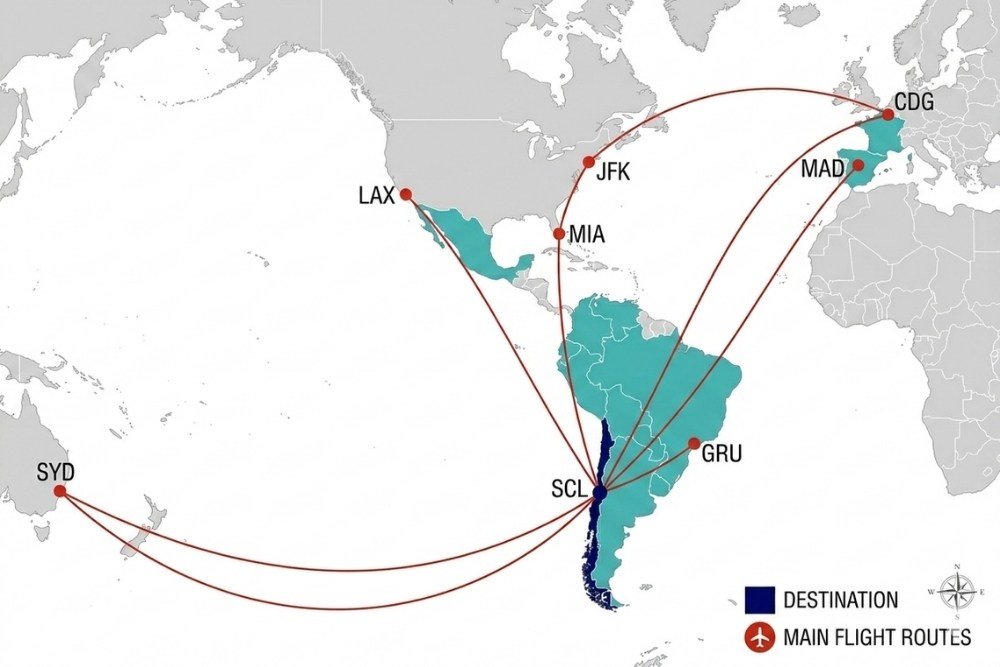 map of the main flights to chile