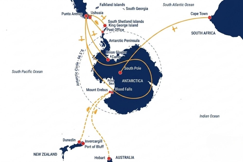 map of the main routes to antarctica continent