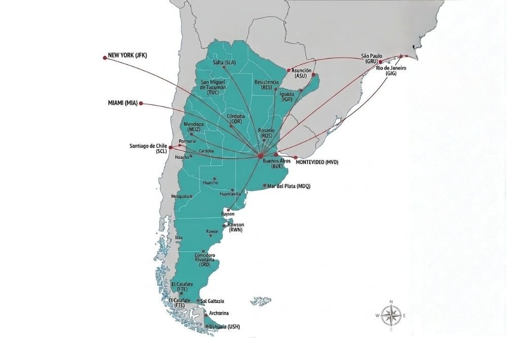 map of the main flights to argentina