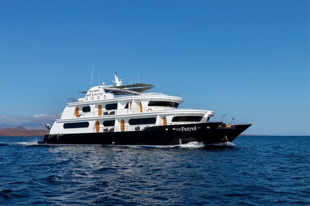 the petrel yacht under way in the galápagos, a black-hulled luxury catamaran with solar panels