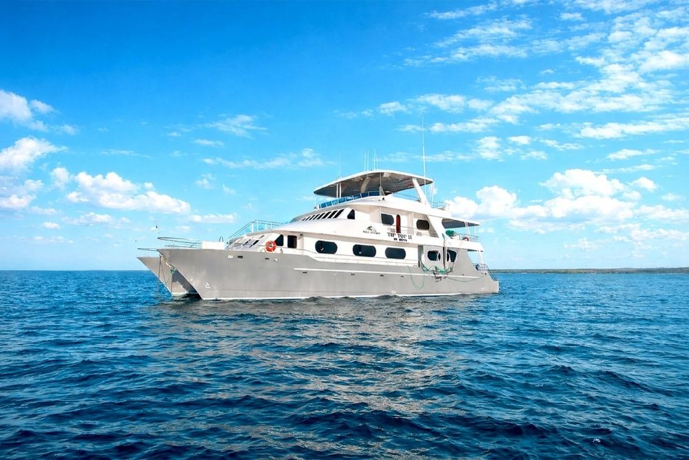tip top ii catamaran sailing around the galápagos waters.