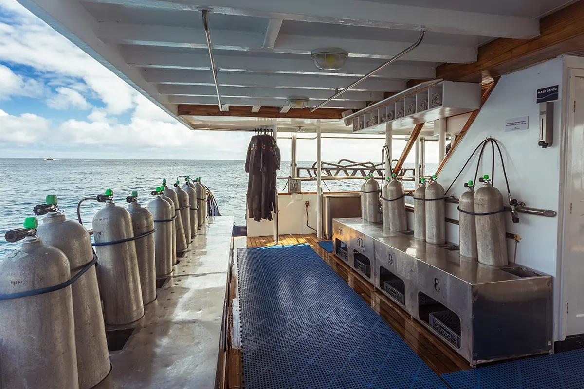 dive deck with all the equipement at the galapagos sky
