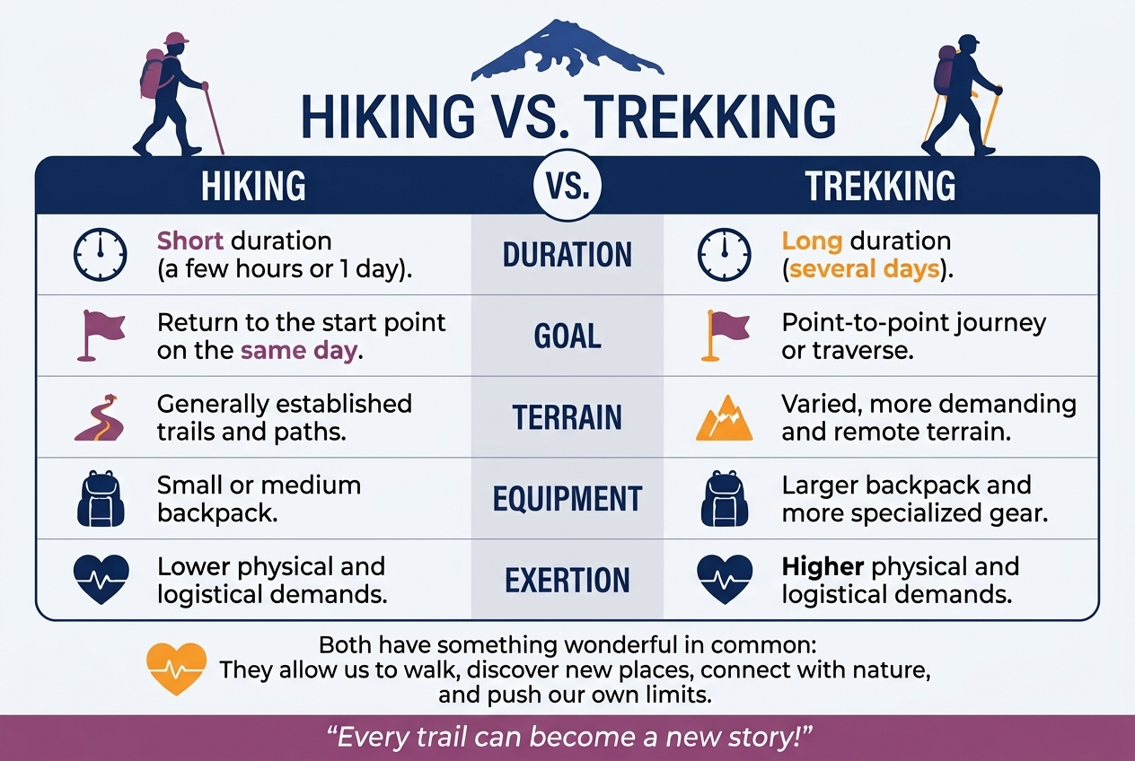 infographic chart comparing key differences between hiking vs trekking regarding duration, terrain, and gear required